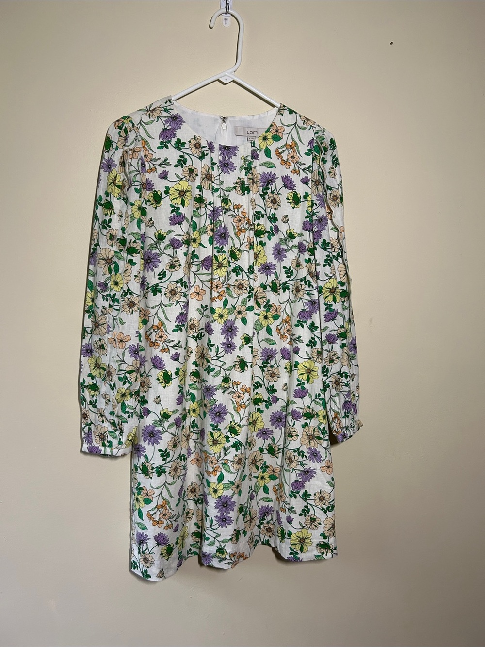 Loft NWT White Floral Long Sleeve Tunic Linen Blend Dress